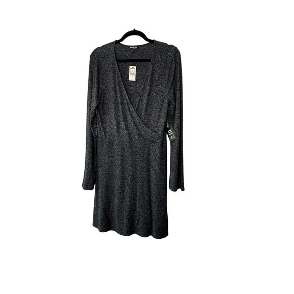 Express Charcoal Gray Soft Long Sleeve Faux Wrap Dress Women's Large New - Picture 1 of 10